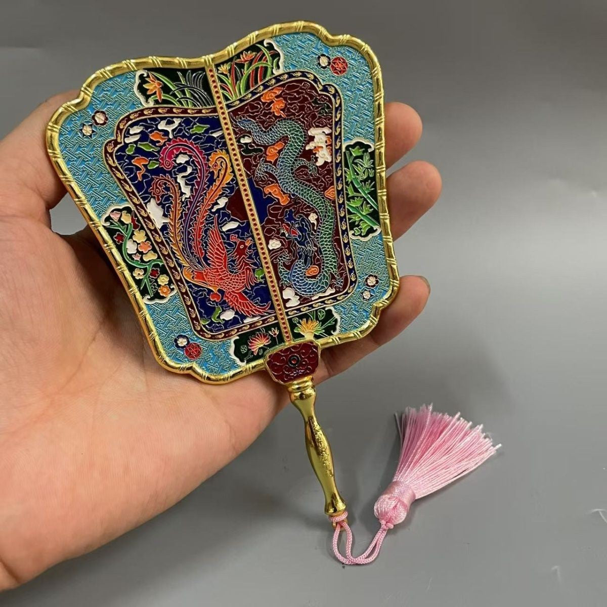 Enamel Painted Qianlong Dragon Phoenix Fan Antique Banana Fan Home Collection