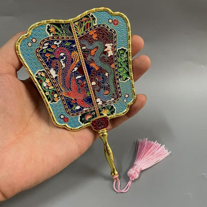 Enamel Painted Qianlong Dragon Phoenix Fan Antique Banana Fan Home Collection