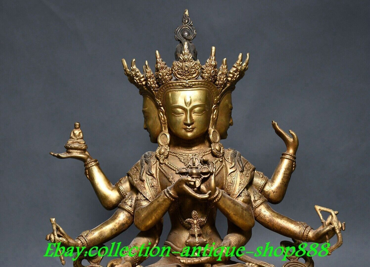 12" Old Tibet Bronze Gilt 3 Head 8 Arms Namgyalma & Ushnishavijaya Buddha Statue