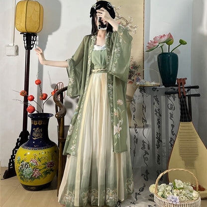 Chinese Hanfu Dress 3PCS Set Tea Green Flowing Maxi Dress Chinese Ancient Women