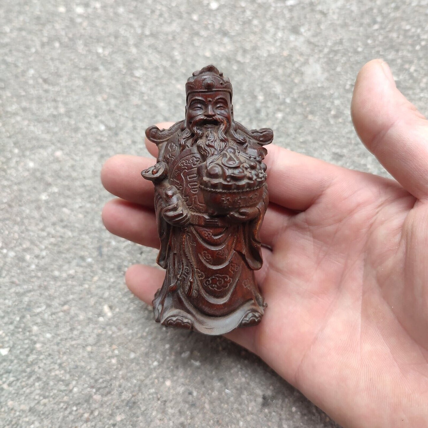 Vintage Wooden Ornaments Boxwood Carving Wealth Mammon Buddha Statue Figurine
