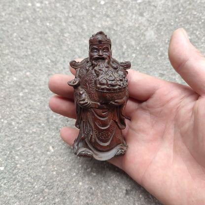 Vintage Wooden Ornaments Boxwood Carving Wealth Mammon Buddha Statue Figurine