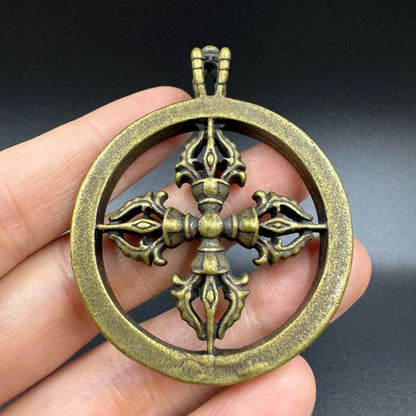 Vintage Tibetan China Brass Collection Cross Vajra Amulet Lucky Pendant Gift