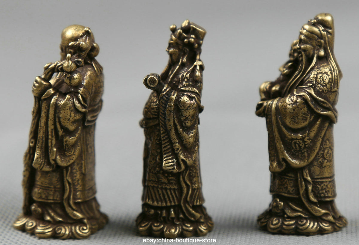 Small Curio Chinese Bronze Taoism 3 Longevity God Fu Lu Shou Life Wealth Statue