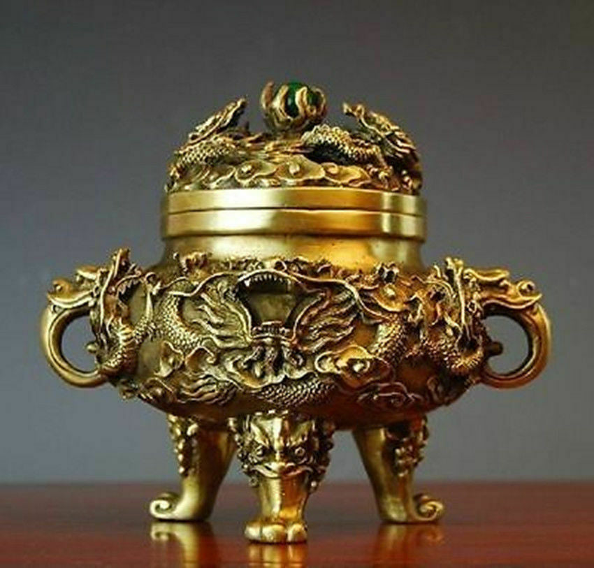 Chinese Hua Li Brass Nine Dragons Kowloon Incense Burner Decor Collected