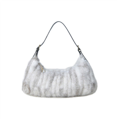 Winter Womens Real Mink Fur Shoulder Bag Luxury Genuine Cowhide Strap Handbag