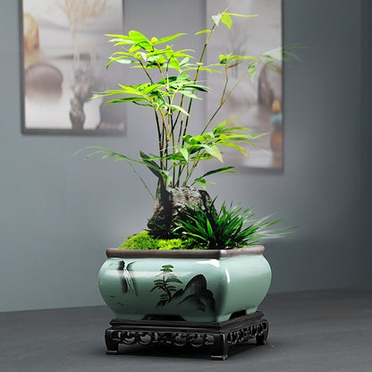 Bonsai Pot 4" Square Chinese Art Glazed High Quality Teal Ceramic Planter small