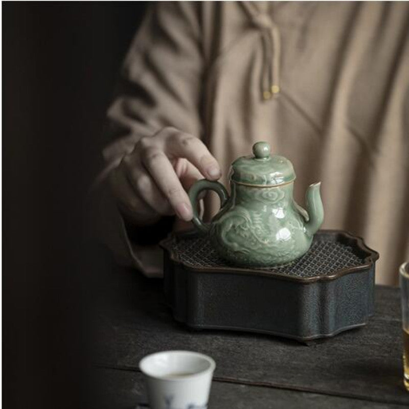 120ml Yue Kiln Celadon Plum Green Glaze Retro Handmade Relief Dragon Teapot