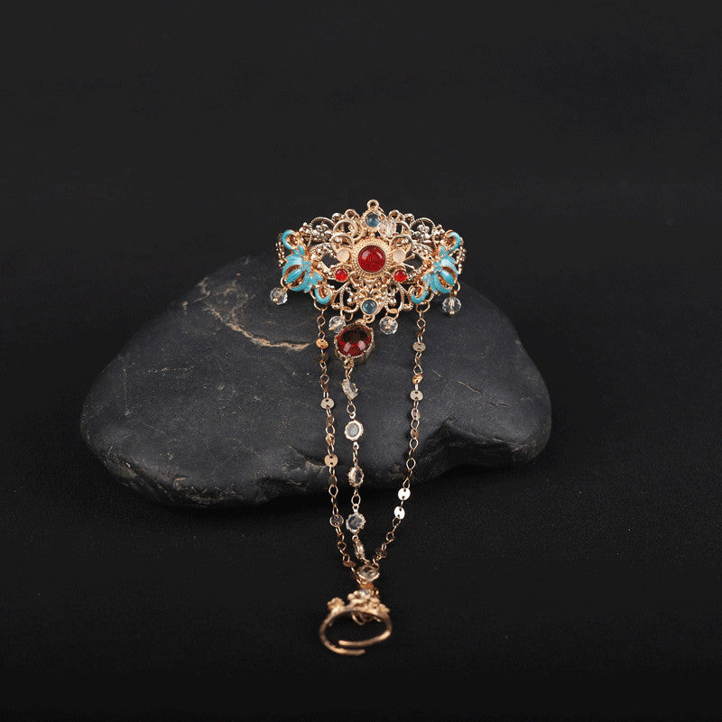 Dunhuang Style Gold Bracelet Ring Set Vintage Red Bead Tassel Hanfu Accessory