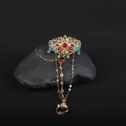 Dunhuang Style Gold Bracelet Ring Set Vintage Red Bead Tassel Hanfu Accessory