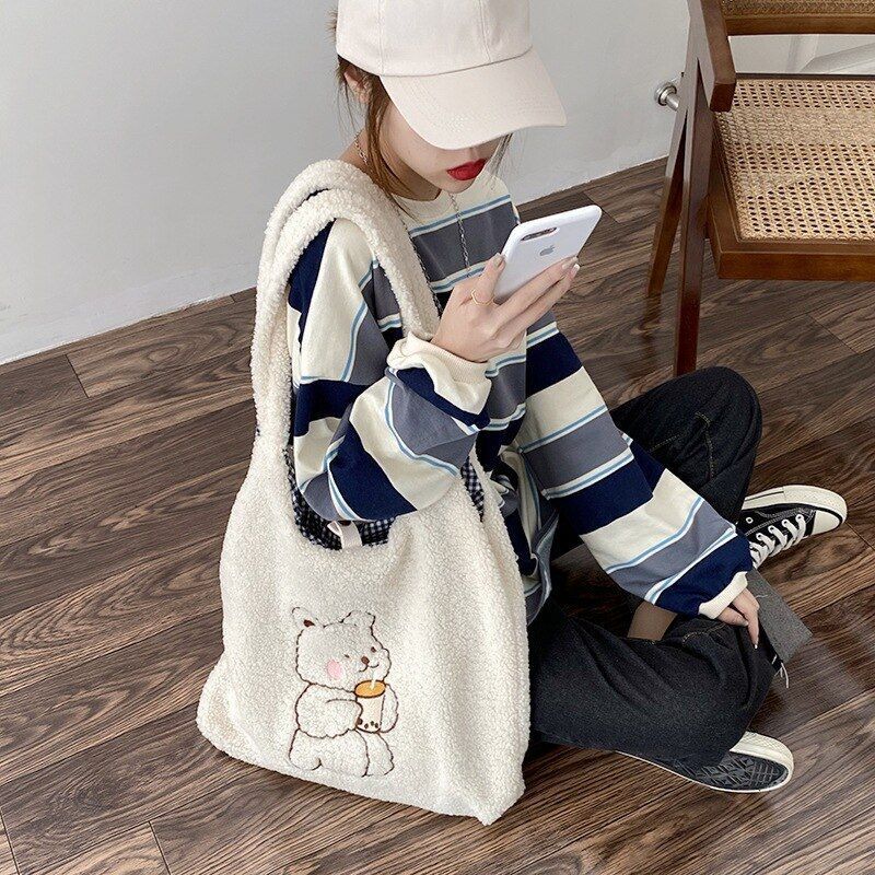 Canvas Purse Shoulder Bag Bear Embroider Crossbody Handbag Casual Shopper Bag