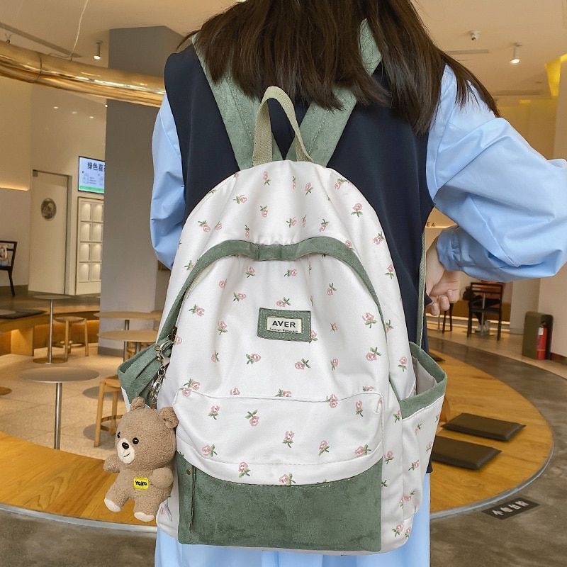Nylon Flannel Floral Bag Cute College Backpack Travel Student Laptop 30*14*44 CM