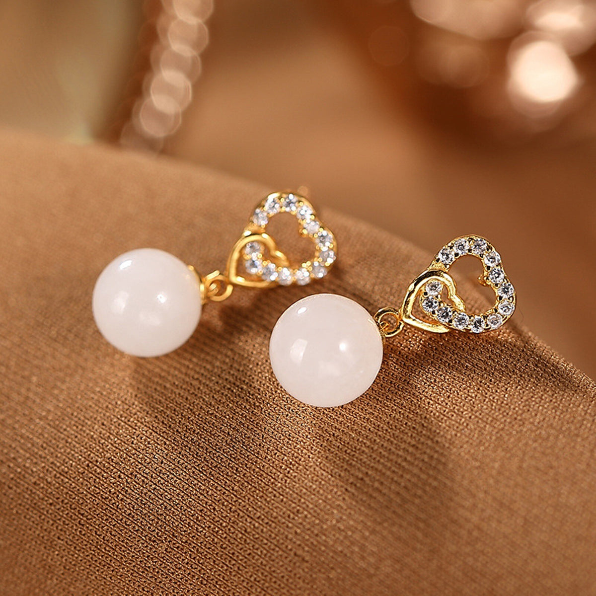 Pure S925 Sterling Silver Stud Nephrite Natural Jade Bead Heart Dangle Earrings