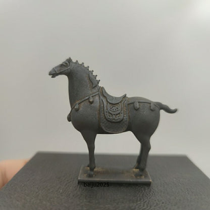 China Tang Horse Model Statue Solid Old Brass Car Ornament Tea Pet Table Decor