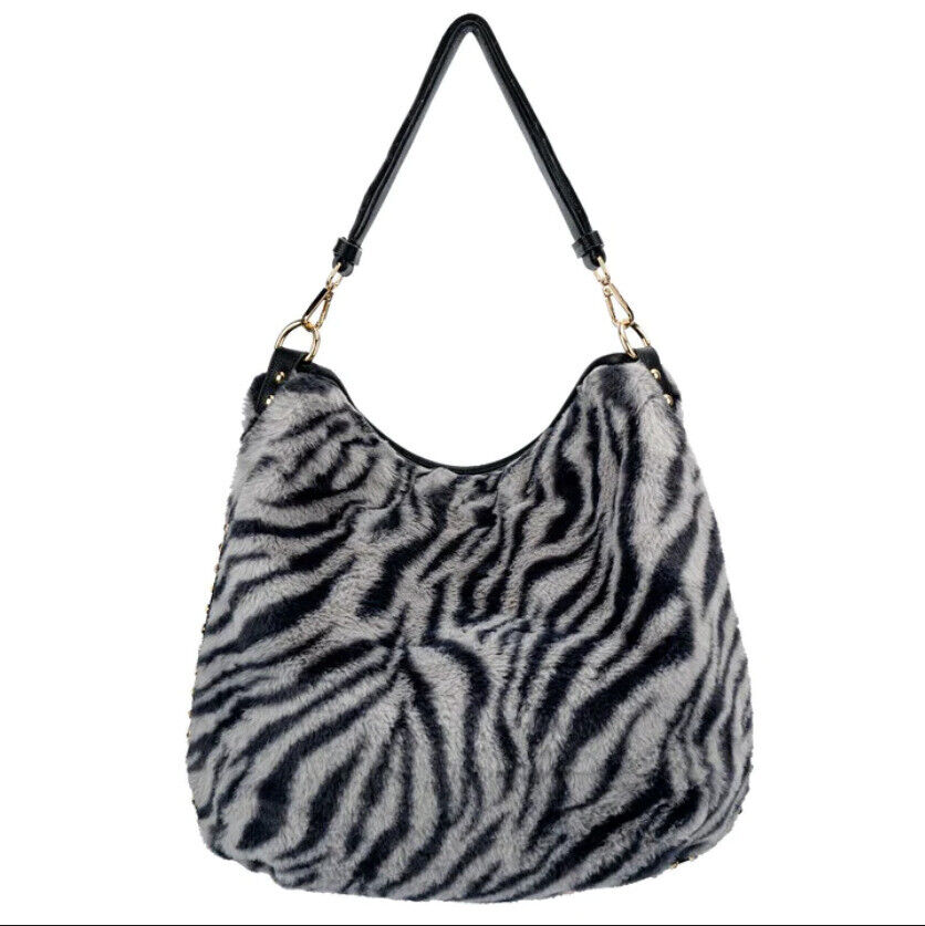 Celela Fluffy Zebra Print Rivet Women Hobo Crossbody Shoulder Handbag Purse Bag