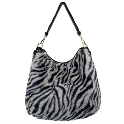 Celela Fluffy Zebra Print Rivet Women Hobo Crossbody Shoulder Handbag Purse Bag