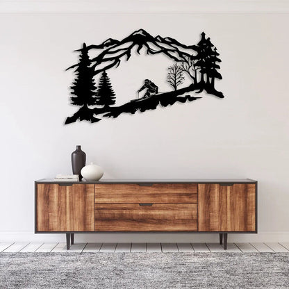 Metal Skier Wall Art, Mountain And Trees Themed Wall Art Metal Wall Decor