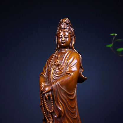 Old Chinese Boxwood Wood hand Carved lotus Guanyin Buddha exquisite Statue