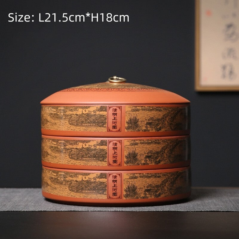 Yixing Zisha Tea Storage Box Along River During the Qingming Jar For Pu'er Tea