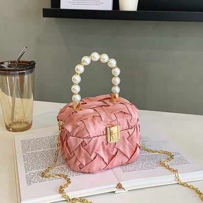 Box Handbags Women Pearl Beads Decor Lock Chain Shoulder Bag Purses Bag
