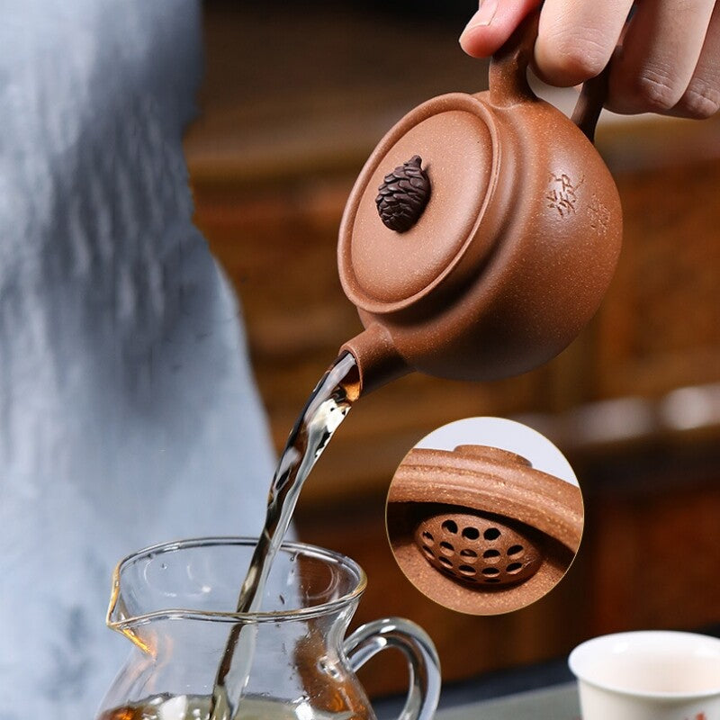 Chinese Character Carved Handmade Tea Pot Ball Shaped Infuser Hole Duan Clay Pot