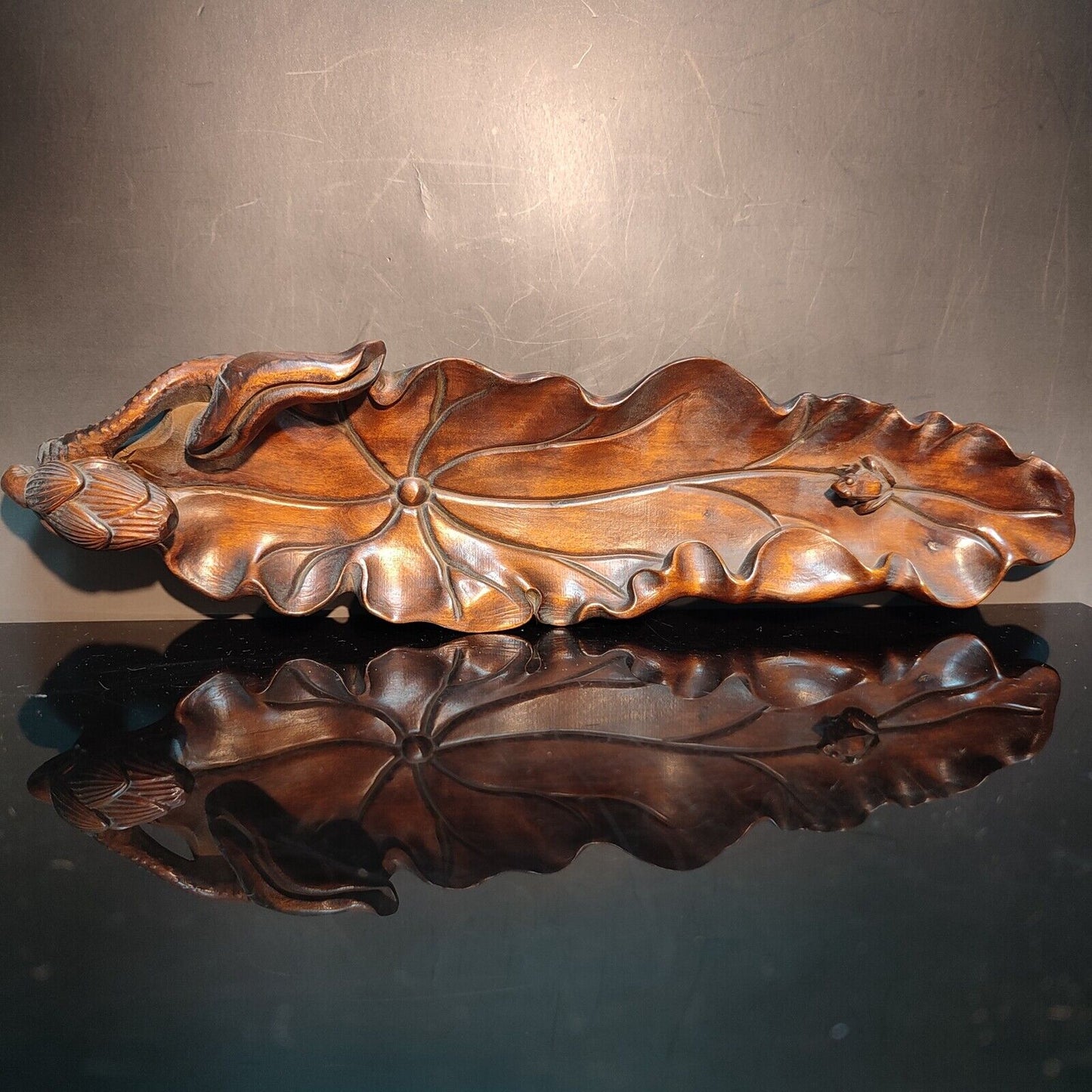 10" Boxwood lotus leaf frog carving wooden Incense pedestal wood decor praying