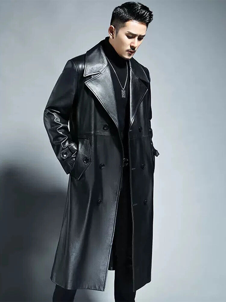 Spring Autumn Pu Leather Trench Coat Men Double Breasted Outerwear