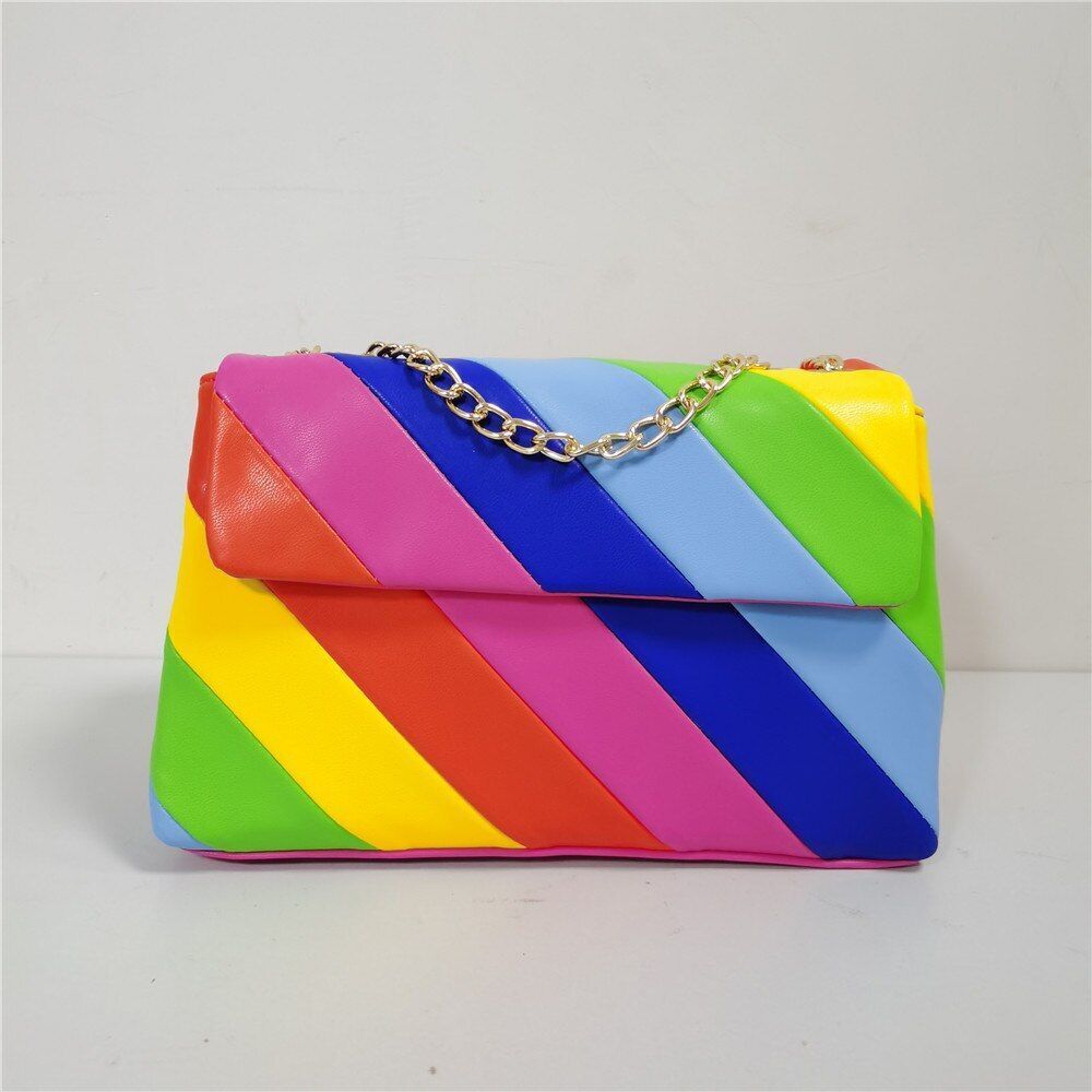 Rainbow Stitching Synthetic Handbag Metallic Chain Strap Crossbody Bag 27*9*17CM