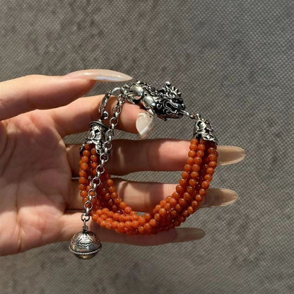 Red Agate Pixiu Fish Pattern Bell Bracelet Minimalist Ethnic Jewelry