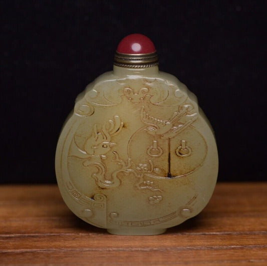 Chinese Natural Hetian Jade Carved Exquisite Statue Snuff Bottle Collectible Art