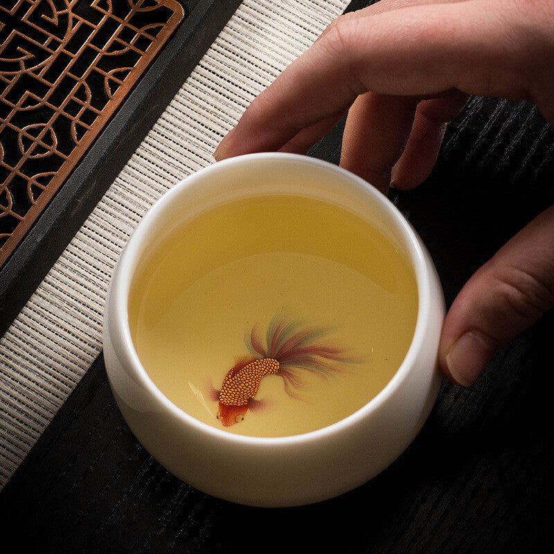 handmade tea cup fat mutton jade porcelain master cup fish print creative teacup