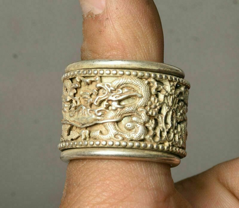3Cm Chinese Old Miao Silver Handmade Dynasty Dragon Woman Finger Ring Statue