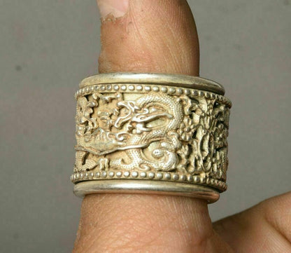 3Cm Chinese Old Miao Silver Handmade Dynasty Dragon Woman Finger Ring Statue