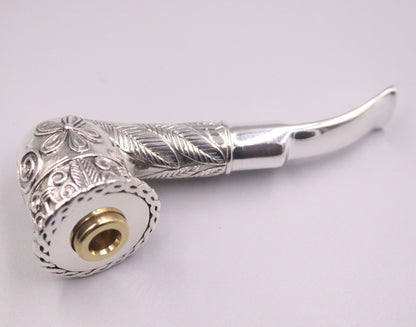 Silver Tobacco Pipe Men Carved Flower Leaf Pattern Pipe 88g