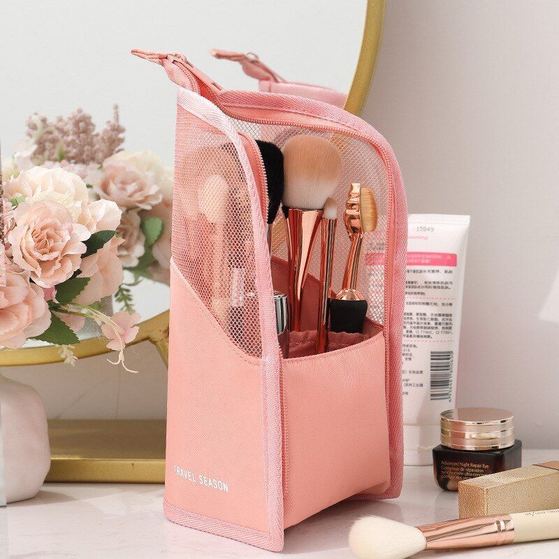 Cosmetic Bag Zipper Stand Makeup Bag Travel Holder Organizer Toiletry Purse Pink