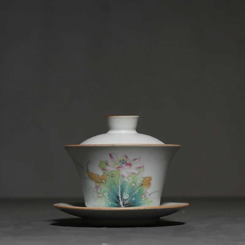 Ceramic Gaiwan Traditional Chinese Pigmented Tea Bowl Floral Patterns Tea Tureen