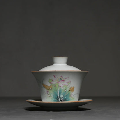 Ceramic Gaiwan Traditional Chinese Pigmented Tea Bowl Floral Patterns Tea Tureen