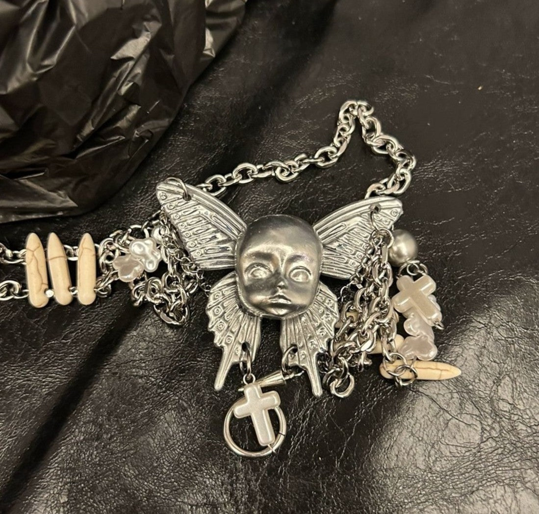Heavy Duty Cyberpunk Silver Butterfly Doll Head Multi-Layer Necklace