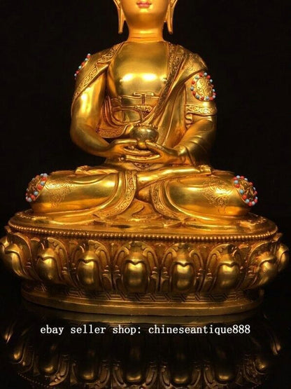 12'' Old Nepal Bronze Gilt Painting Shakyamuni Sakyamuni Amitabha Buddha Statue
