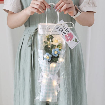 Crochet Flowers Bouquet Milk Cotton Hand-Knitted LED Light Gift Bag Floral Decor