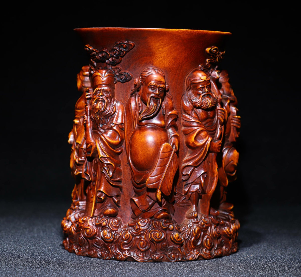 5.1" Chinese Natural Boxwood Hand Carved Eight Immortals Character Brush Pot