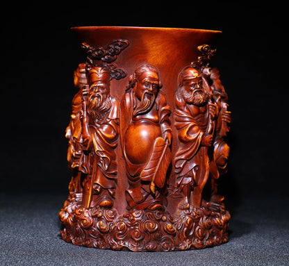 5.1" Chinese Natural Boxwood Hand Carved Eight Immortals Character Brush Pot