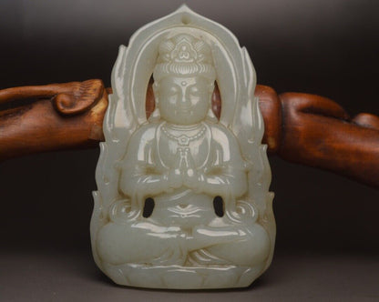 Chinese Antique Hetian Jade Carved Kwan Yin Statue Good Luck Pendant Jewelry Art
