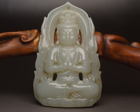Chinese Antique Hetian Jade Carved Kwan Yin Statue Good Luck Pendant Jewelry Art