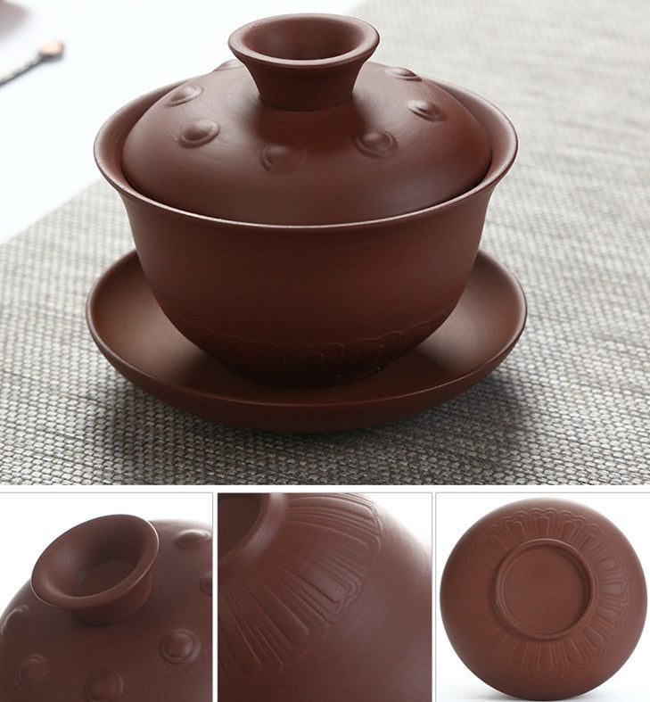 Multi-pattern Yixing Zisha Gaiwan Chinese Purple Clay Tea Bowl Cup Saucer Lid