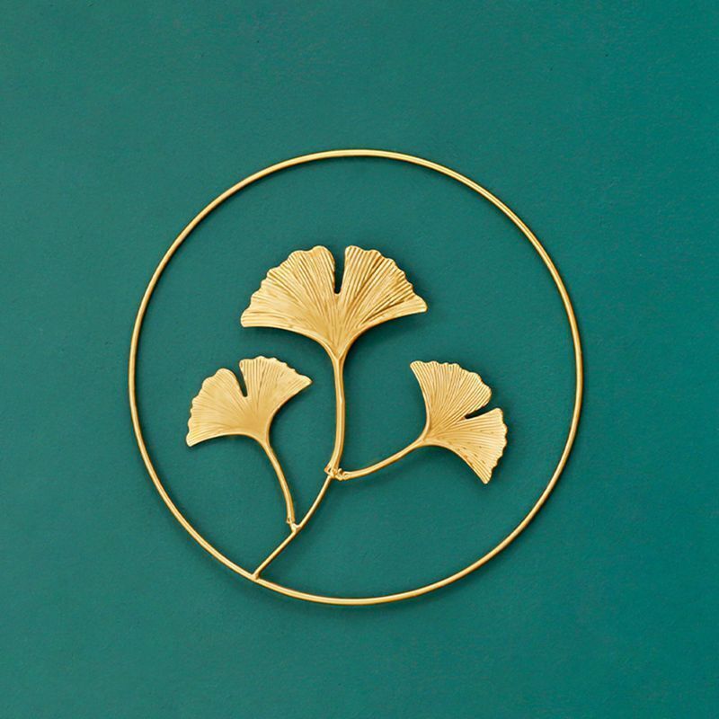 Wall Hanging Ornament 24cm Iron Golden Picture Frame Ginkgo Leaf Palm Tree Decor