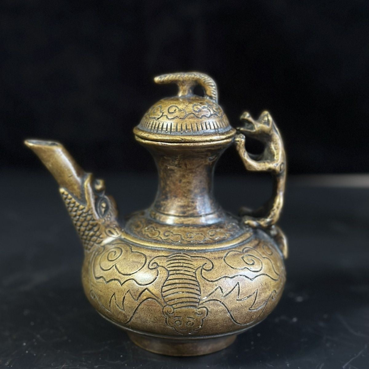 Vintage Brass Beast Handle Teapot Antique Collectible Bat Pattern 14cm