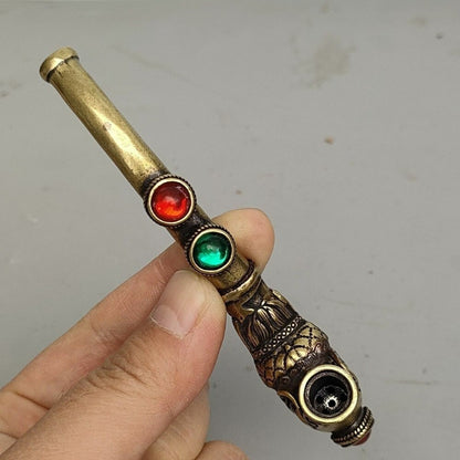Old brass copper inlay gemstone handmade Cigarette holder Smoking tools