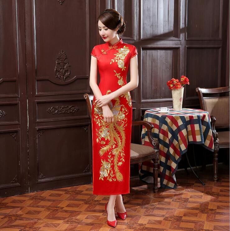 New Red Chinese Womens Embroidery Evening Party Dress Long Cheongsam Qi Pao Sz