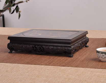 Solid Ebony Wood Display Stand Inlay Marble Stone Bonsai Vase Flower Rack Base